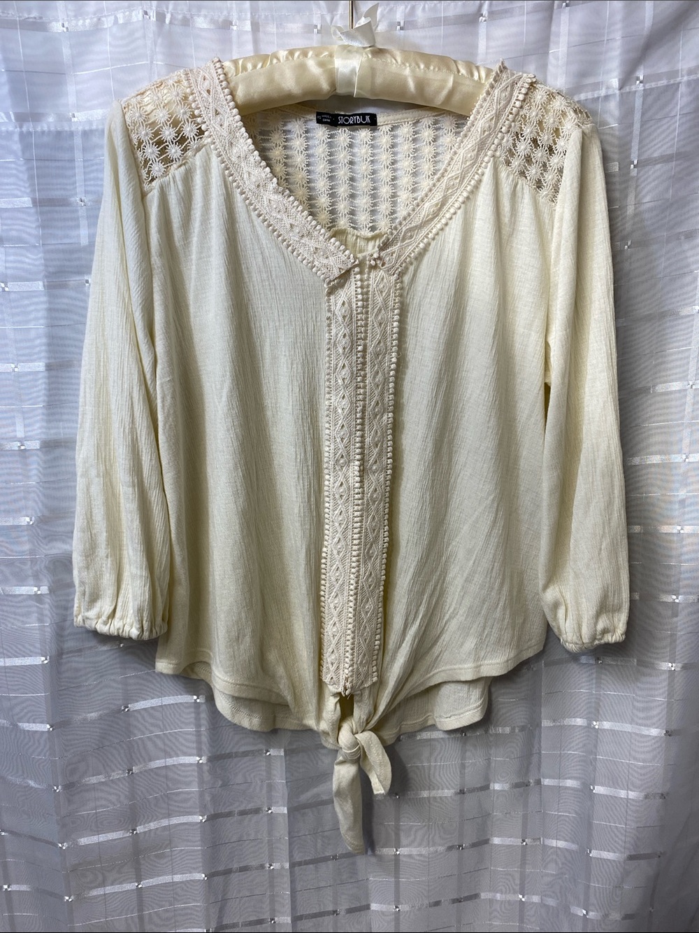 Crochet-Trim Cream Tie-Front Blouse